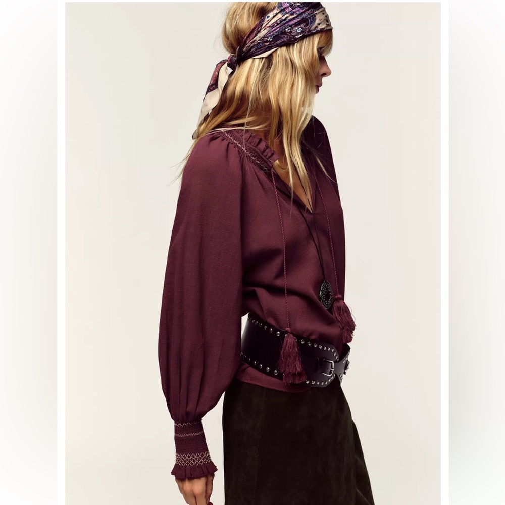NWT Zara Embroider Tassel Burgundy Boho Women's Shirt